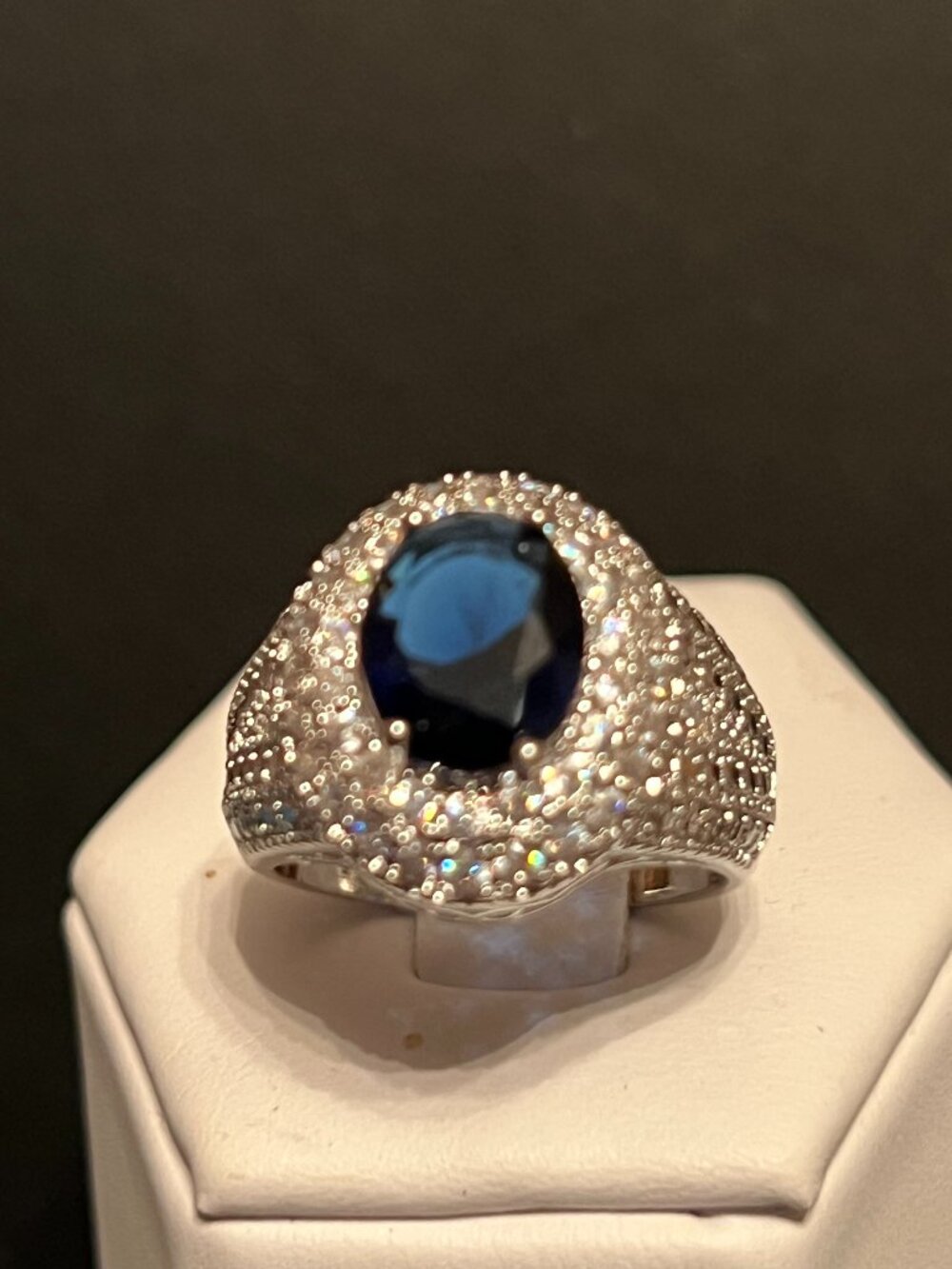 Blue Oval Stone Pave Accent Cocktail Ring Size 7, 8 (428)